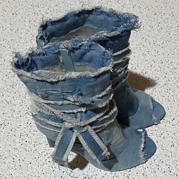 Liliana Shoes - Denim Mid-calf Peep Toe Boots Size 8